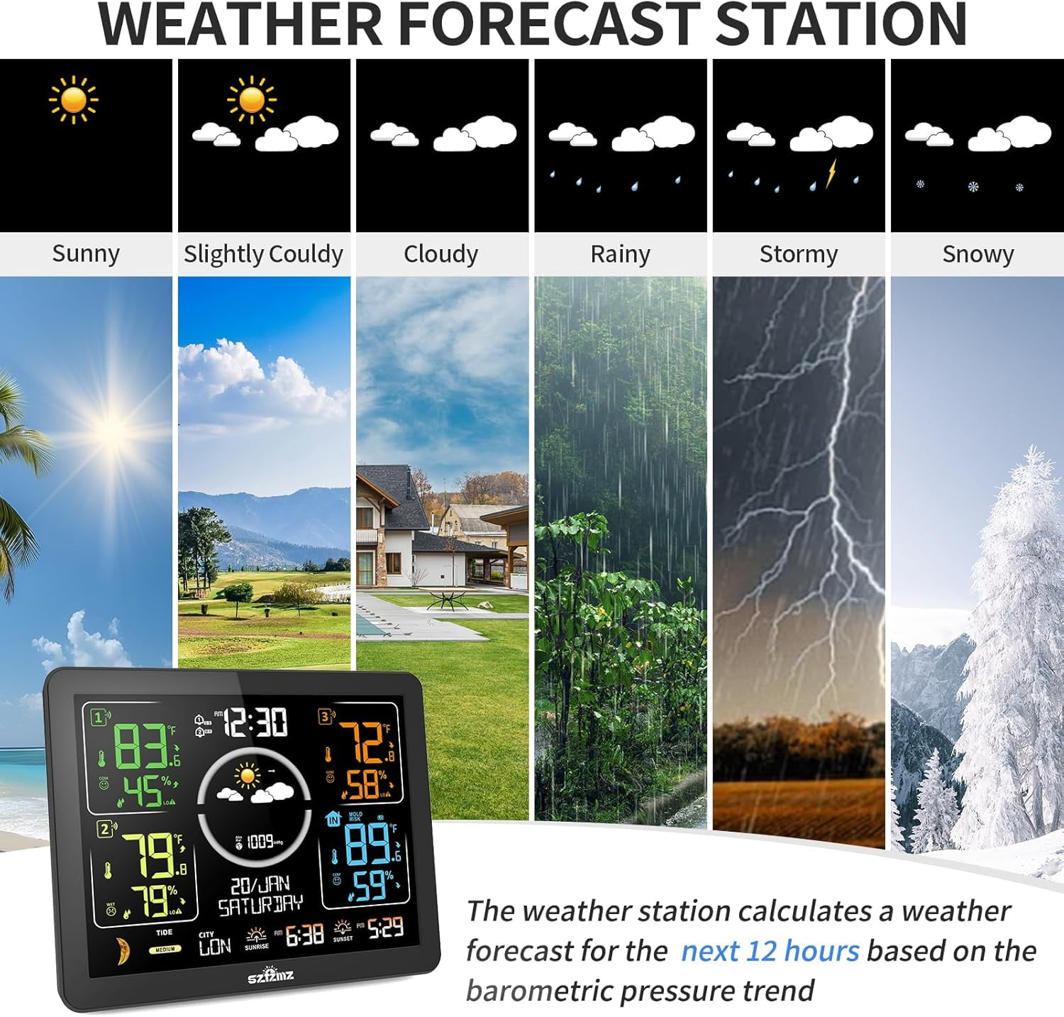 Weather Station Indoor Outdoor Thermometer Wireless with Multiple Sensors, VA Color Display Atomic Clock, Weather Forecast, Temperature, Humidity, and Adjustable Backlight