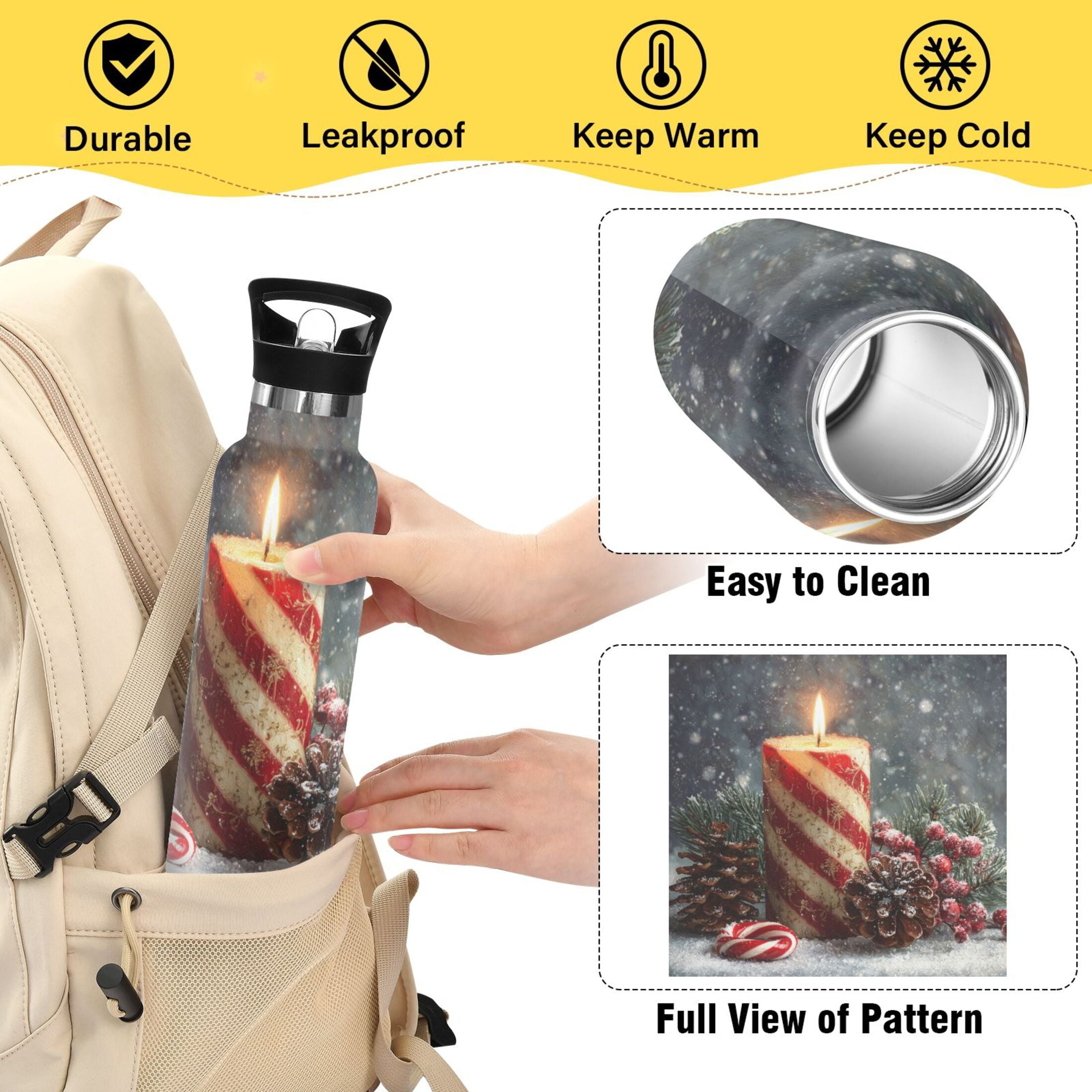 600ML Stainless Steel Insulated Cup Sports Water Bottle Portable Thermos Cup Water Glasses Insulated Tumblers Convenient and Durable Red Christmas Candle