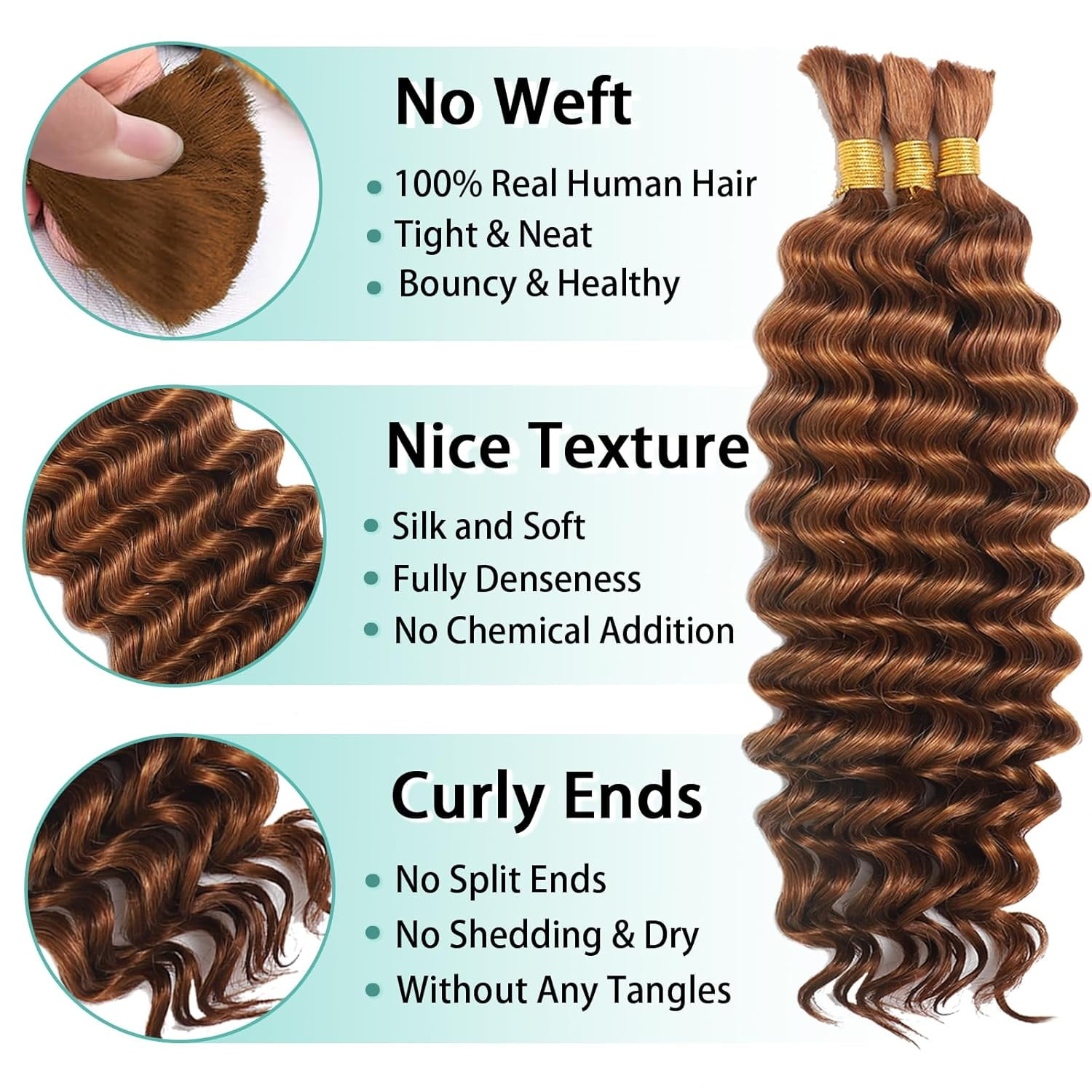 Human Braiding Hair for Boho Braids Human Hair 110g 22 Inch Curly Boho Hair for Braiding Knotless 12A Deep Wave Bohemian 3 Bundles/Pack Auburn Ginger