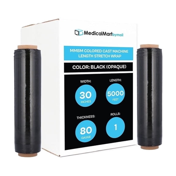 MMBM Machine Black Stretch Wrap 30" x 5000' 1 Roll 80 Gauge Opaque Film for Wrapping Pallets and Packaging