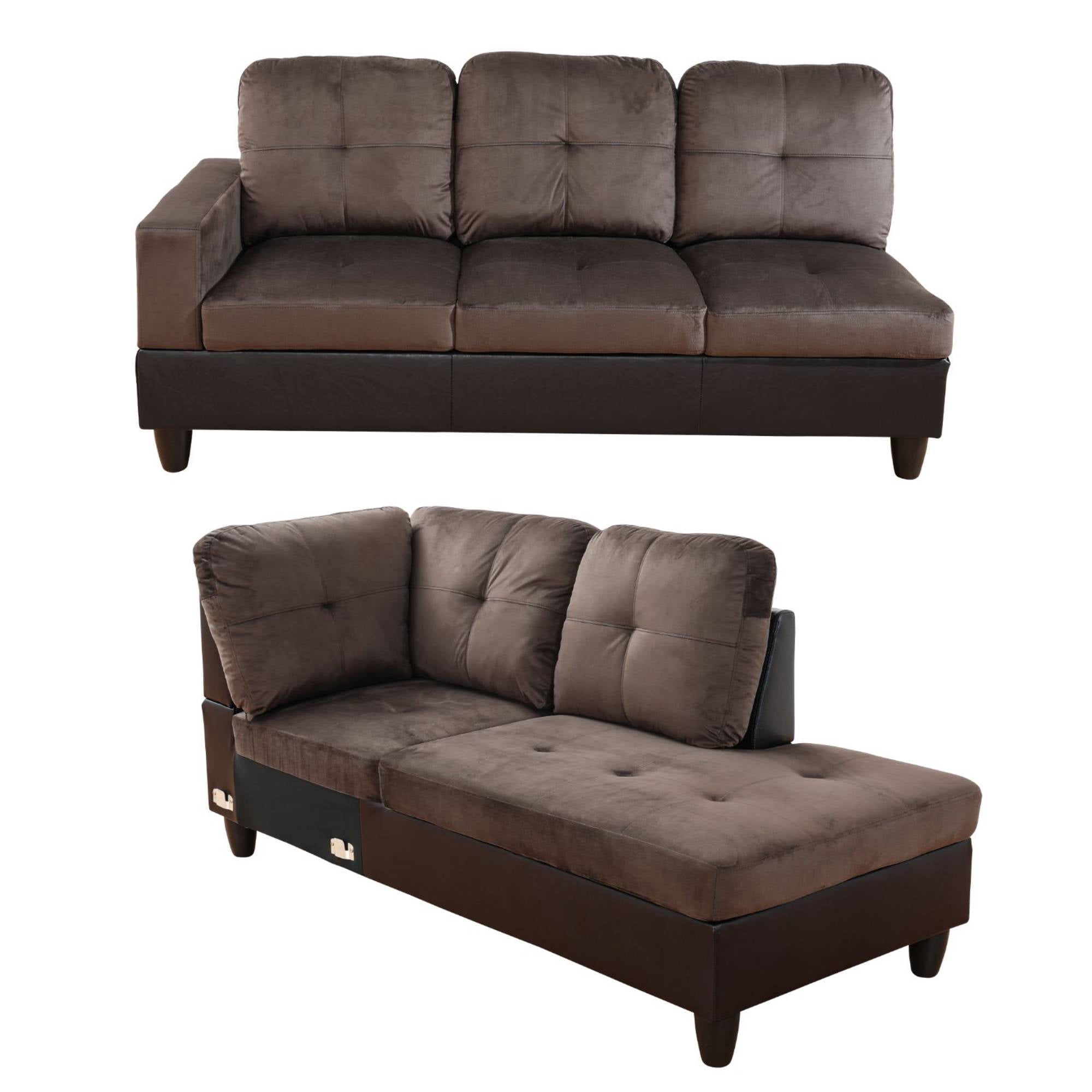 Modular Sectional Couch 3 Pieces Sofa Set with Chaise Flannel PVC L Shaped Cloud Couch for Living Room, Brown