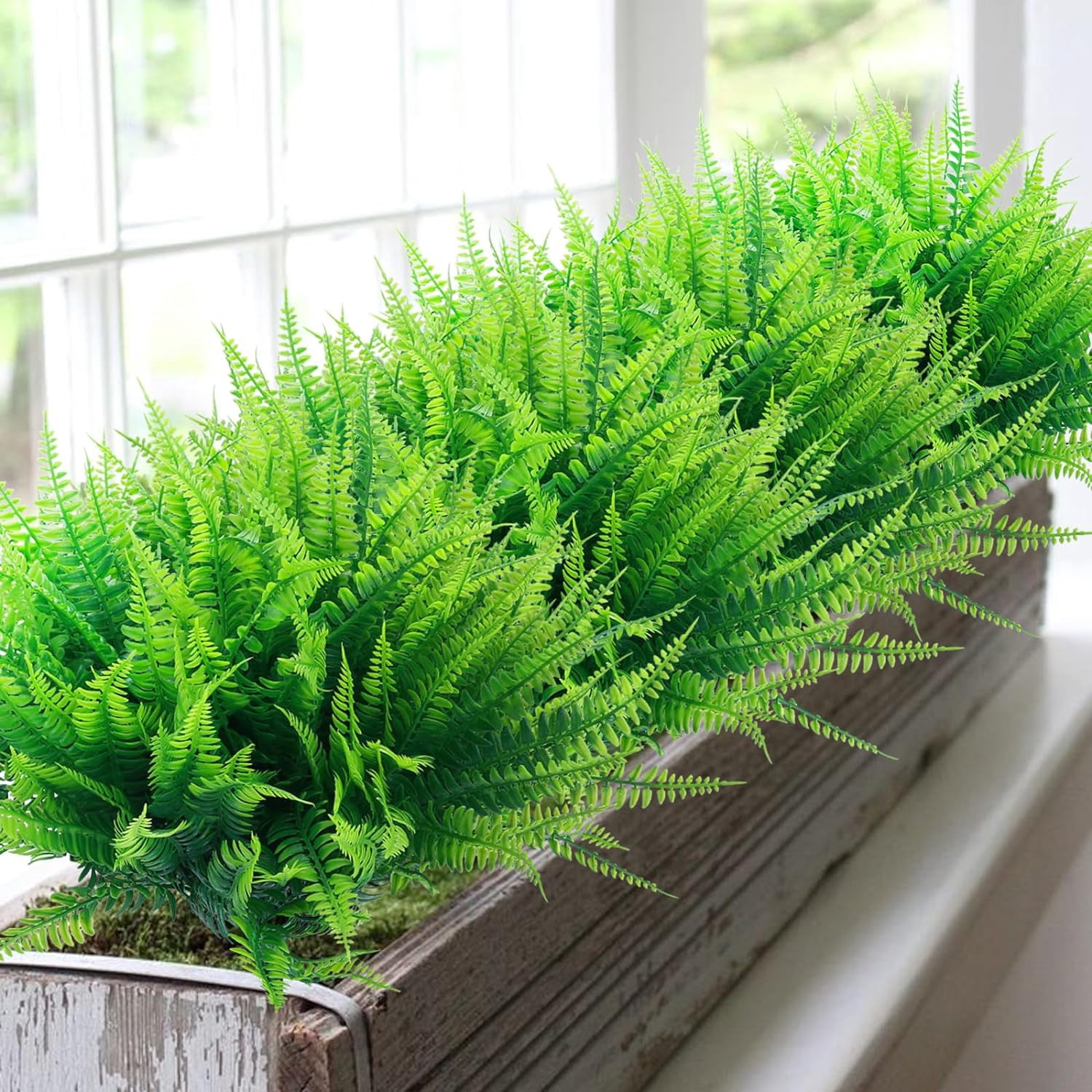 24 Pcs Artificial Boston Ferns for Outdoors UV Resistant Greenery Stems Faux Shrubs Plants for Garden Front Porch Table Window Box Home Decorations