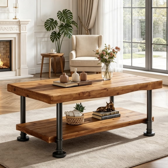 Fnova Farmhouse 2-Tier Coffee Table with Live Edge Shelf & Metal Legs, 47 Inch Rectangle Living Room Table, Industrial Accent Tea Table, Home Office, Brown & Black
