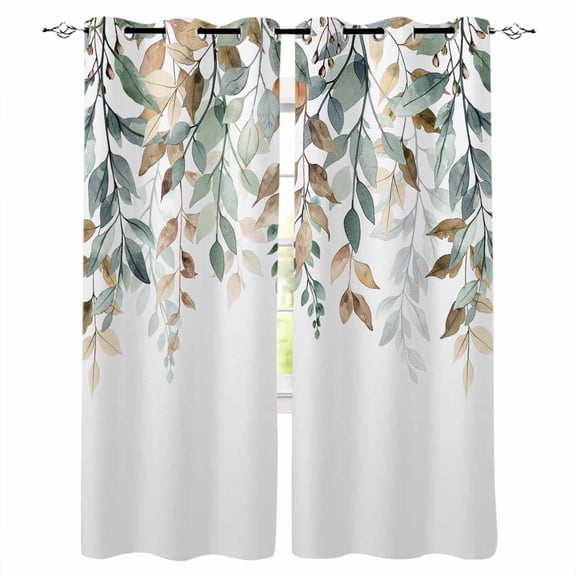 Green Brown Botanical Blackout Curtains 63 Inches Long for Bedroom, Farmhouse Eucalyptus Leaves Thermal Insulated Room Darkening Black Out Window Curtain Panels Grommet Drapes for Living Room