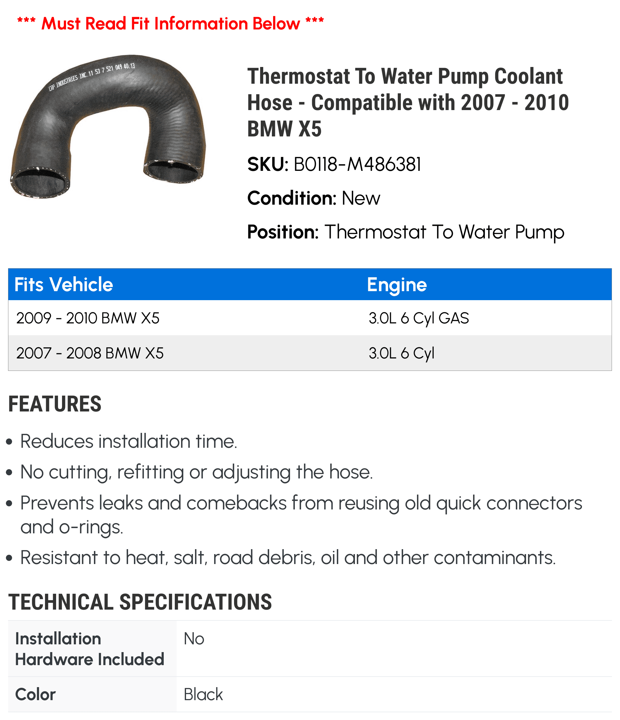 Thermostat To Water Pump Coolant Hose - Compatible with 2007 - 2010 BMW X5 2008 2009