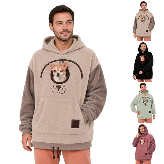Stralyhd Oversized Pet Pouch Hoodie for Men Fleece Kangaroo Pocket Cat Carrier Fuzzy Sweatshirt Animal Holder Cozy Pullover Tops White XL