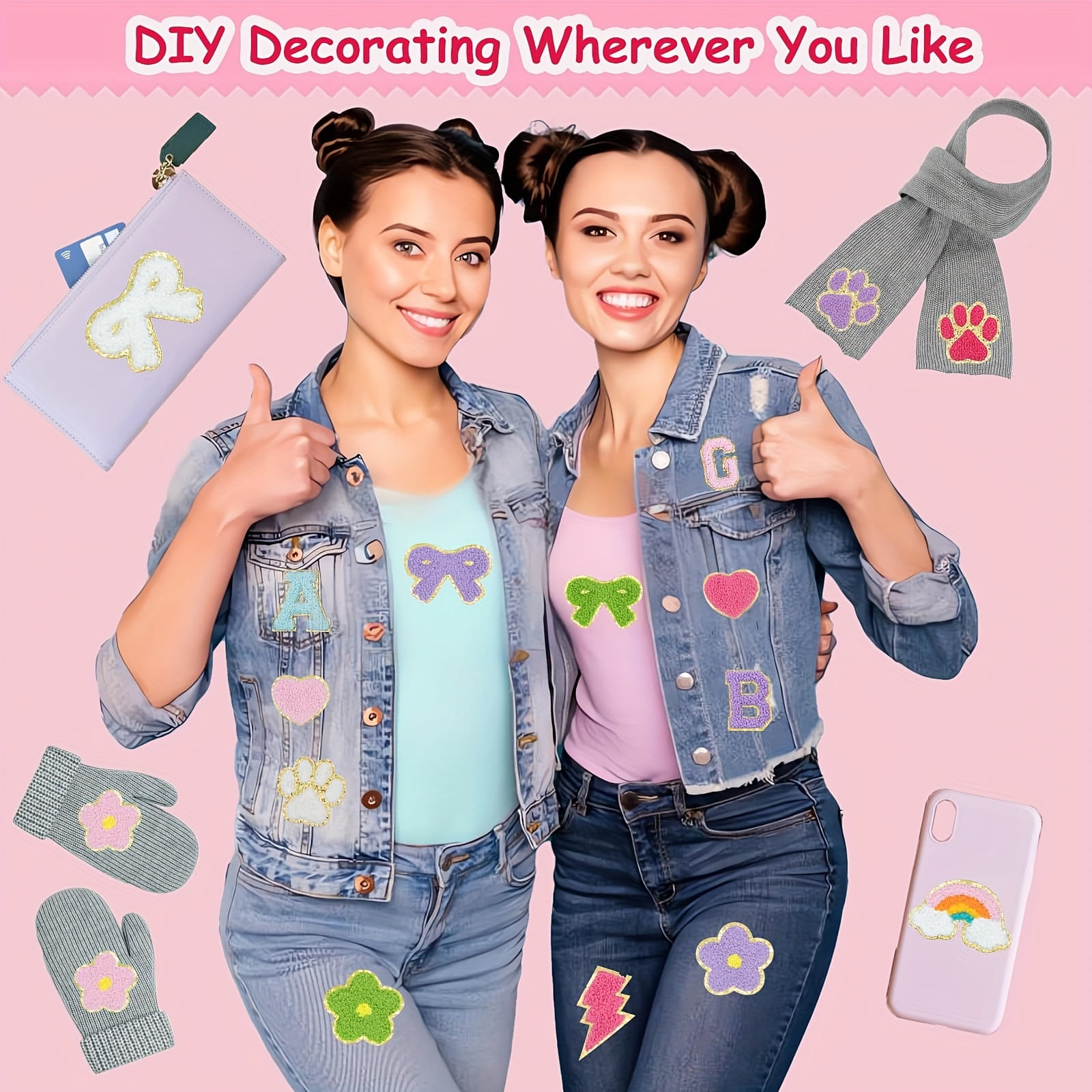 45 Pcs Chenille Iron-On Patches with Gold Edge - 9 Designs × 5 Colors (Stars Hearts Flowers Smileys Rainbows Cross Lightning Paw Prints Bows) for Hats Jackets Jeans DIY School Craft