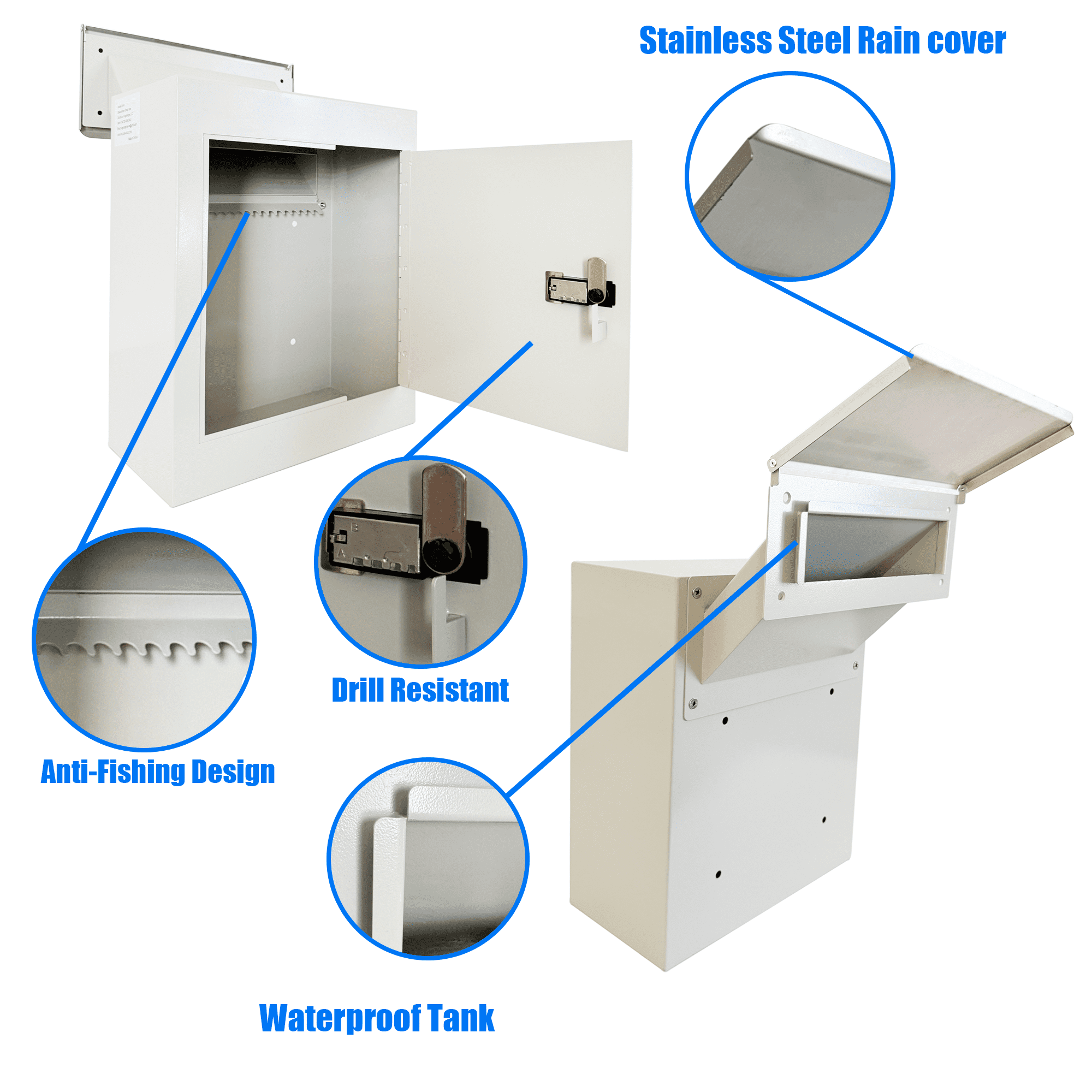 Through-The-Wall Drop Box with Rainproof Cover | Heavy Duty Through Wall Mailbox with 10-Inch Adjustable Chute | Rainproof Locking Drop Safe for Mail, Rent, Checks, Cash, and Keys, Gray