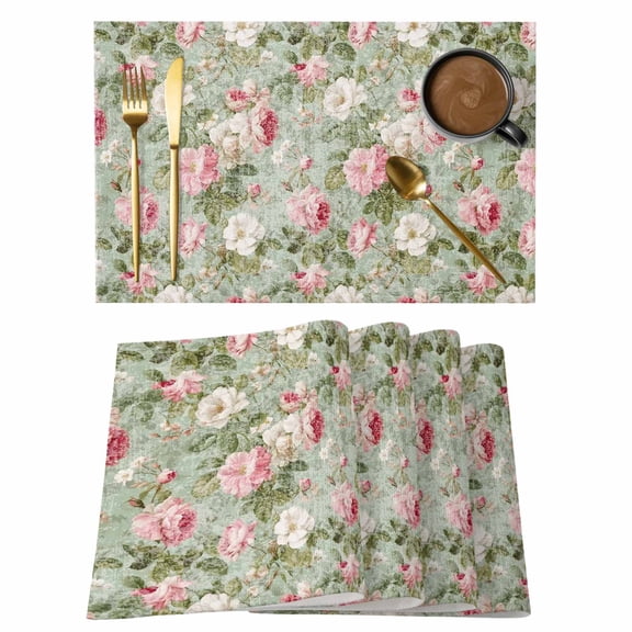 White Pink Flower Placemats Set of 8, Shabby Chic Spring Vintage Leaf Green Placemats for Dining Table, Place Mats for Kitchen Tabletop, Waterproof Wipeable Dining Table Mats Set