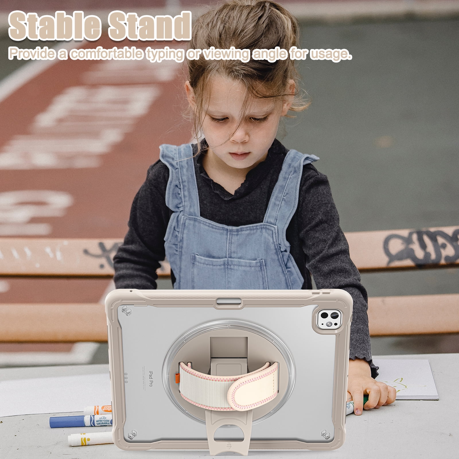 Dteck Case for iPad Pro 13 inch M4 2024,Military Grade Shockproof Silicone Cover 360° Rotatable Stand- Shoulder Strap- Handle- Pencil Holder,Khaki