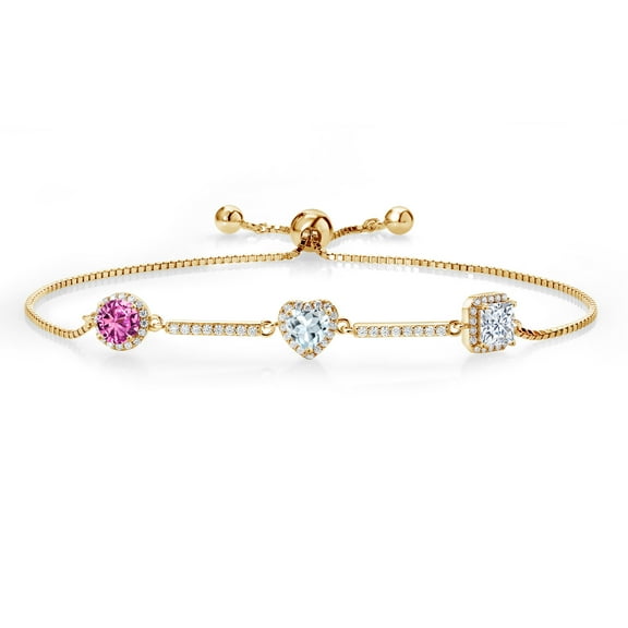 Gem Stone King 1.77 Ct Pink Created Sapphire Sky Blue Aquamarine 18K Yellow Gold Plated Silver Bracelet for Women