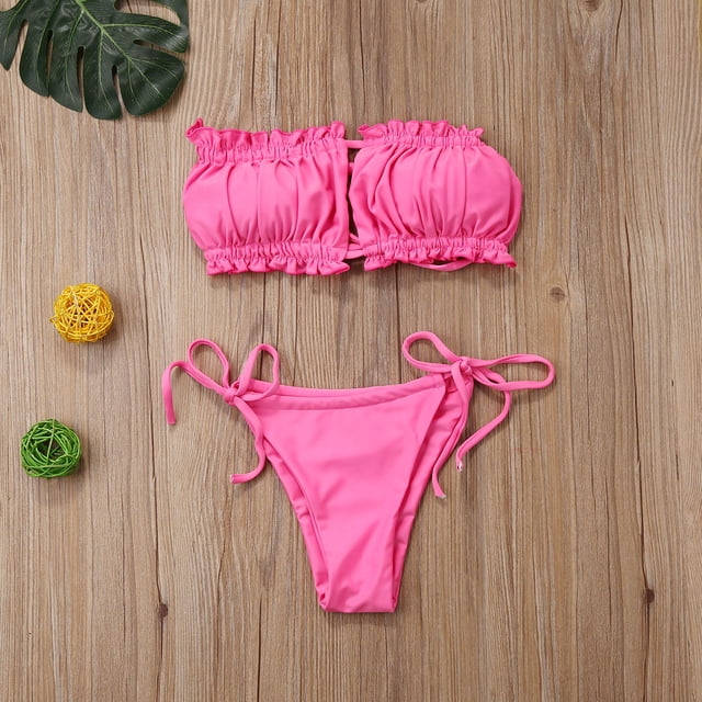Mialoley Women's Solid Color Swimming Set, Bandage Bikini Top + Lace Up Briefs