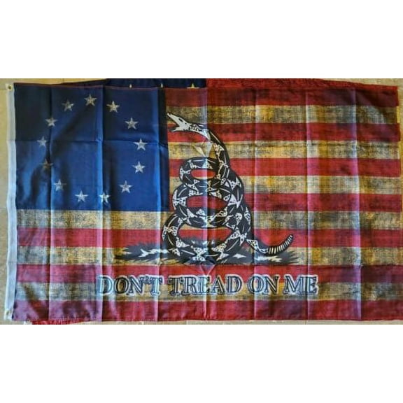 American BETSY ROSS GADSDEN DONT TREAD ON FLAG VINTAGE TEA STAINED USA 3X5 FLAGS