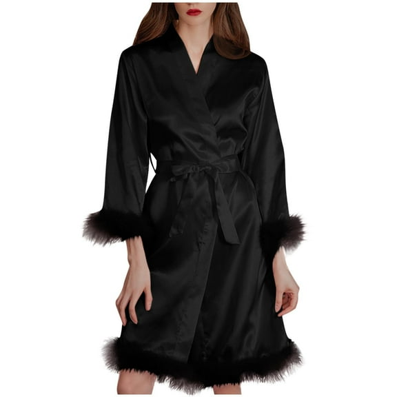 APEXFWDT Women's Satin Kimono Robe with Feather Trim Silk Bridesmaid Robes Bridal Party Sleepwear Dressing Gown Nightgown Bathrobe