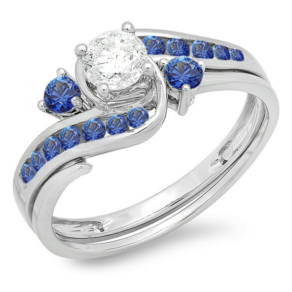 Dazzlingrock Collection 10K Round Blue Sapphire And White Diamond Swirl Bridal Engagement Ring Set, White Gold, Size 7