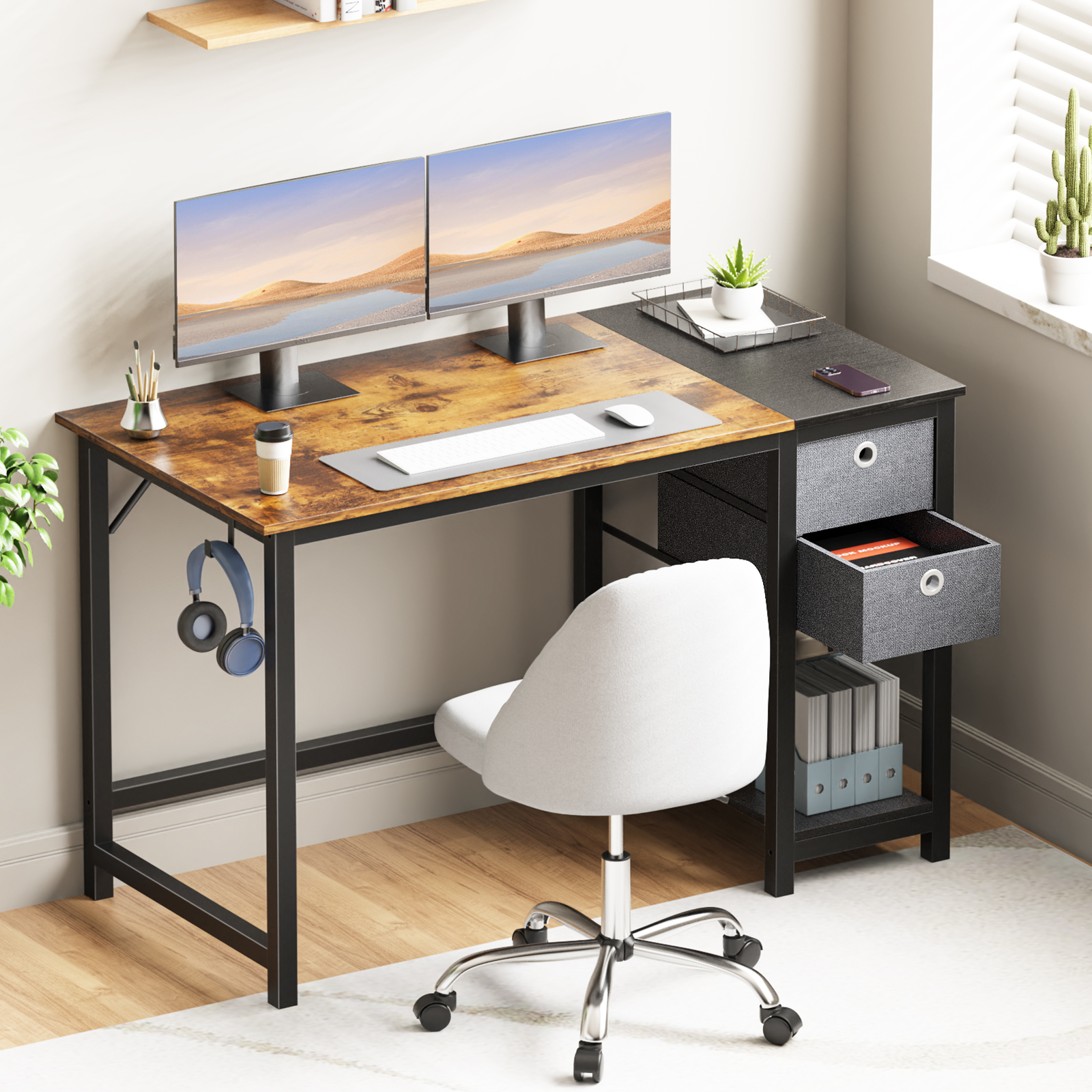 MAYEERTY 55 Inch Computer Desk Home Office Desk Writing Study PC Table with 2-Tier Drawers and Hook