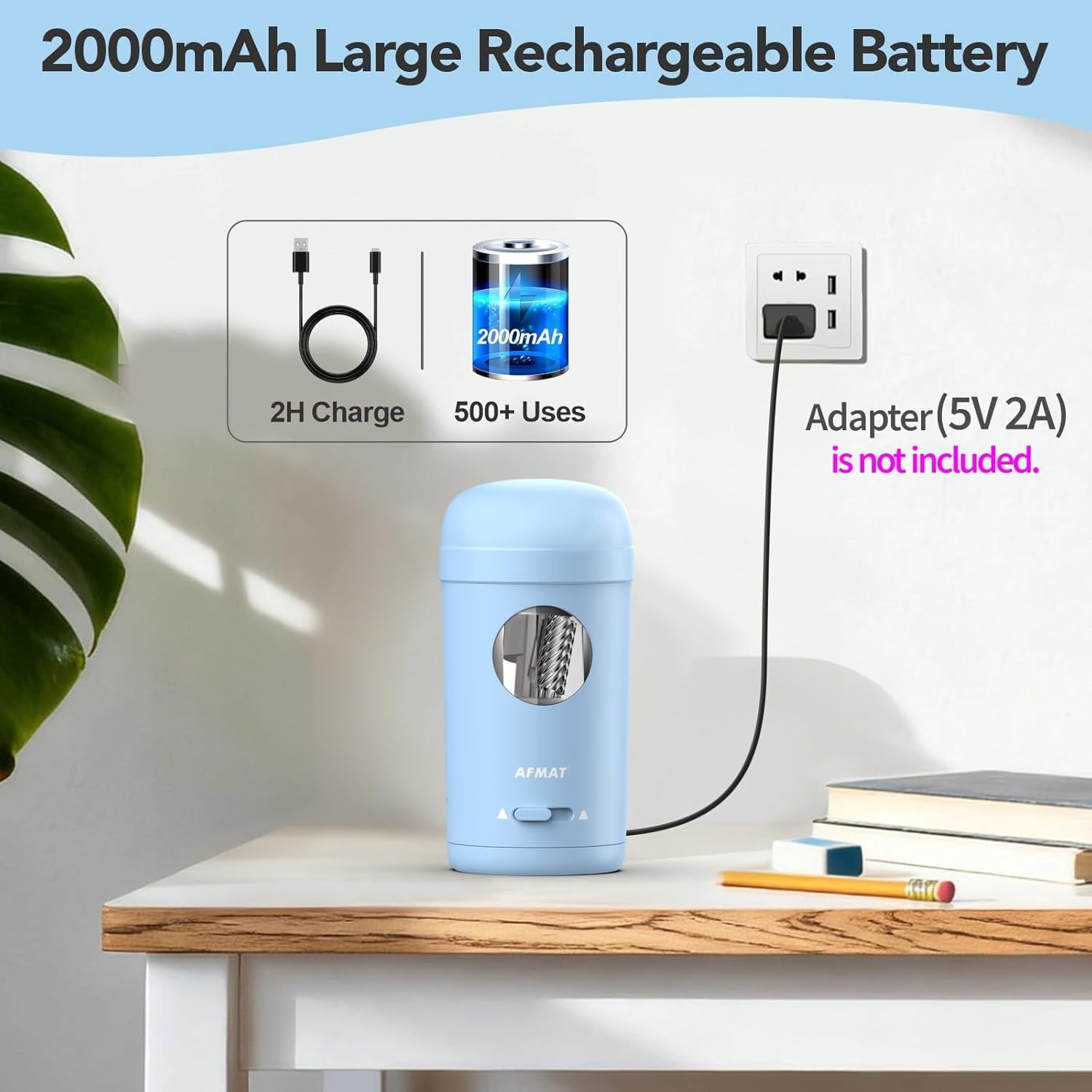 AFMAT Electric Pencil Sharpener, Fully Automatic Pencil Sharpener for 7-8mm Pencils & Colored Pencil, Auto in & Out, Rechargeable Vertical Hands-Free Sharpeners for Classroom/Home/Office,Blue