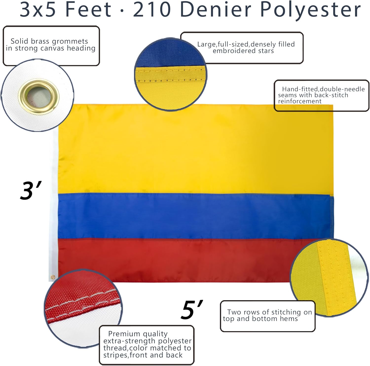(2 pack) Anley EverStrong Series Colombia Flag 3x5 Foot - Embroidered and Sewn Stripes 210D Polyester - Colombian National Banner Flags