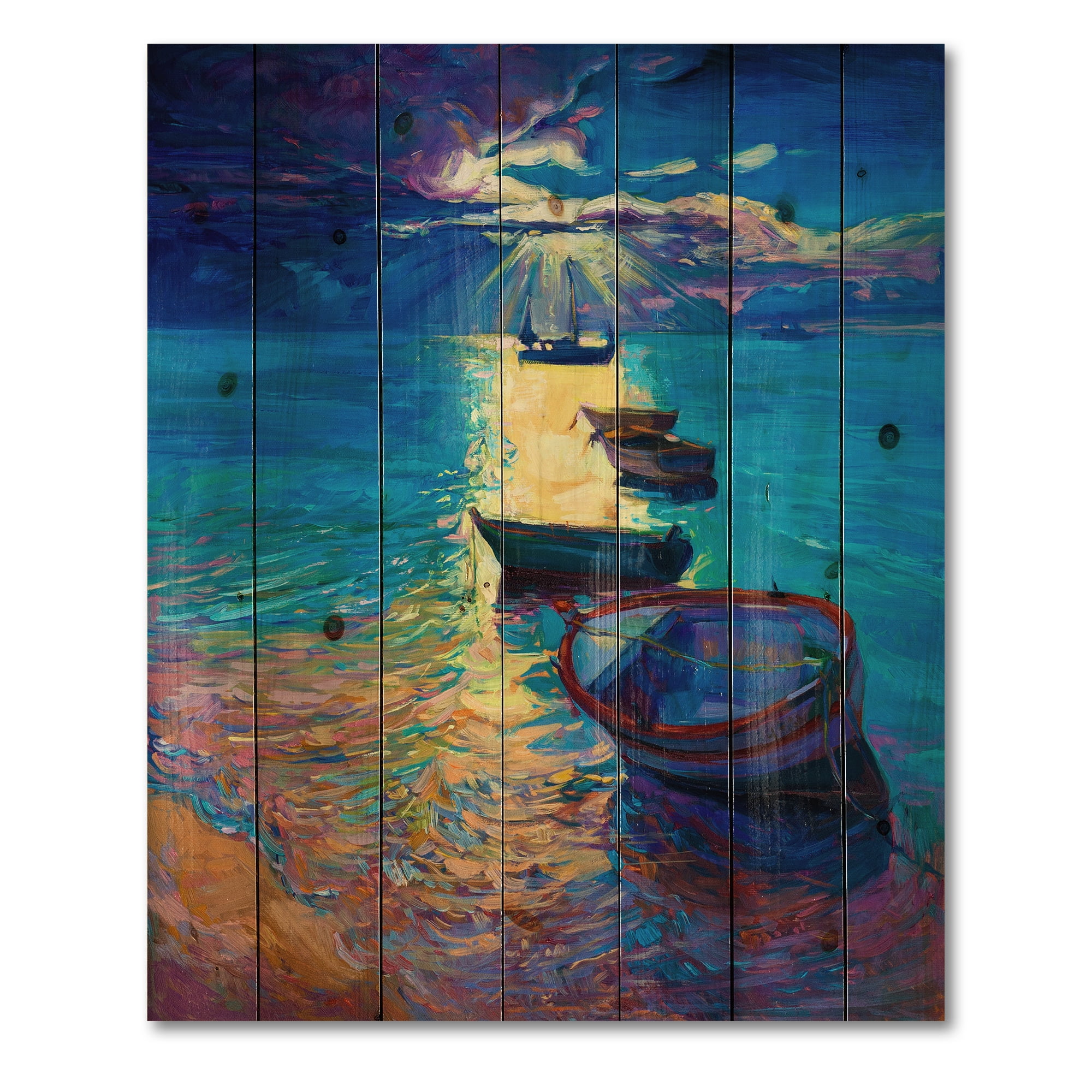 Designart 'Fishing Boats On The Water With Dark Blue Sky Illustration' Lake House Print on Natural Pine Wood