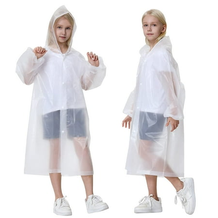 MIASHUI Girls Outerwear Jackets Reusable Raincoats 2 Pack EVA Rain Ponchos for Adults Kids Rain Coats with Hood White One Size