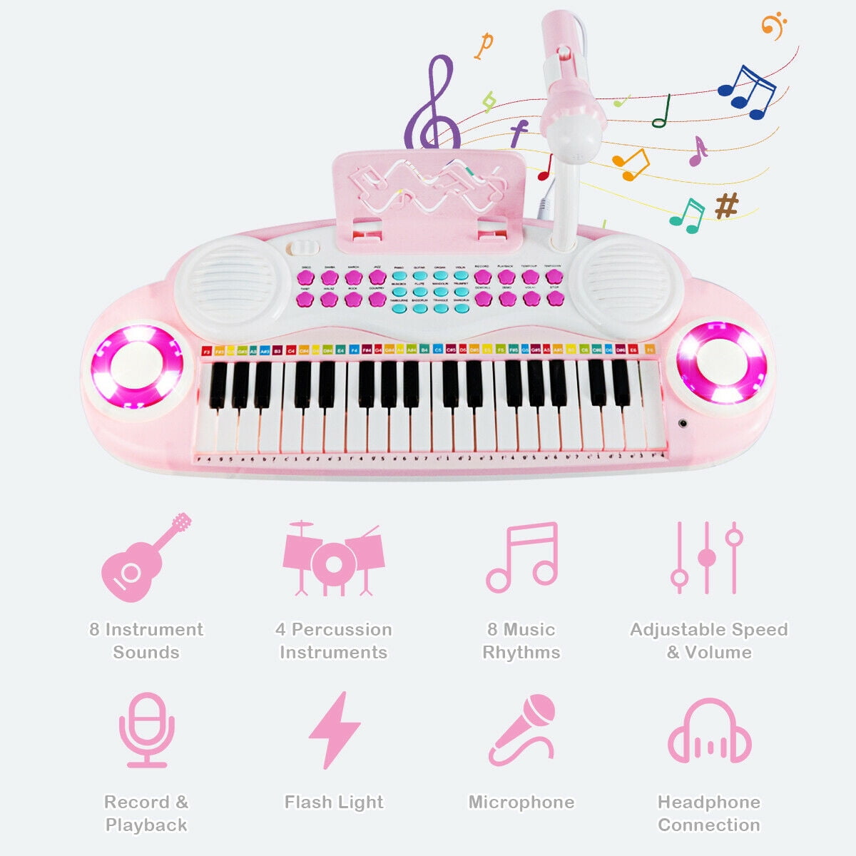 Dash Toyz Pink 36-Key Kids Piano Set W/Microphone & Chair Records & Plays Back Pink
