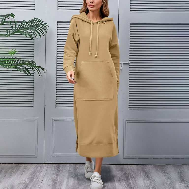 Tumotour Knitted Hoodie Dress For Women Fall Pullover Dress Solid Color  Crew Neck Long Sleeve Full Length Sweatshirt Dress With Pockets
