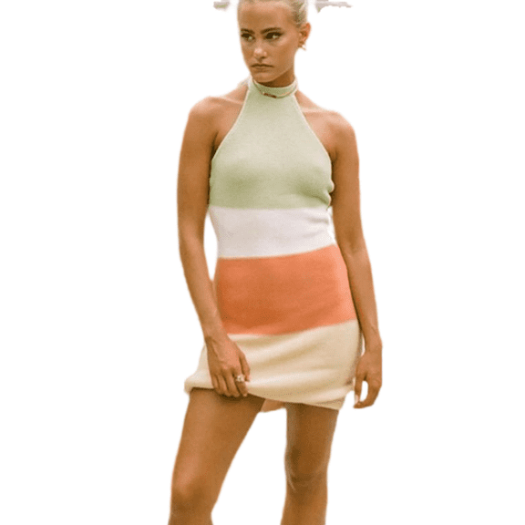 LYMAYTER Women's Striped Knit Dress Halter Backless Bodycon Stretchy Summer Party Mini Skirt S-L