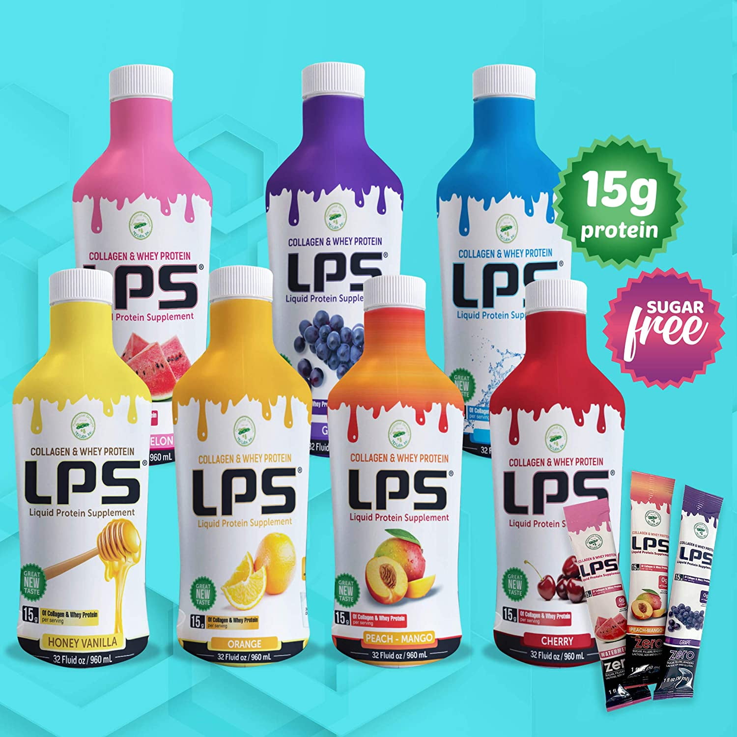 LPS Sugar-Free Collagen & Whey Liquid Protein Supplement by Nutritional Designs, 15g Protein/oz, Honey Vanilla Flavor