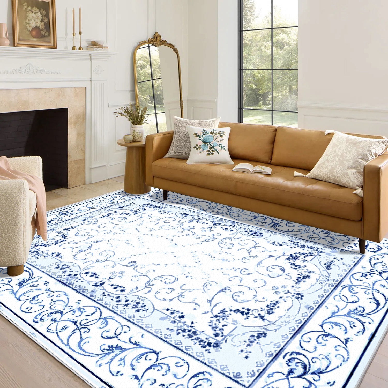 Artnice Floral Rugs for Living Room 8x10, Machine Washable Area Rugs Non Slip, Boho Blue Rugs Vintage Indoor Carpet Mats for Home Decor