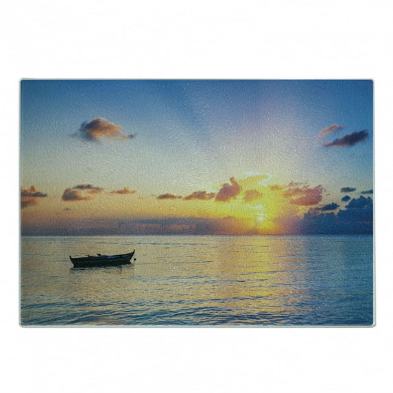 Landscape Cutting Board, Sun Rising over Ocean on Maldives Seascape Photo Majestic Morning Scenery, Decorative Tempered Glass Cutting and Serving Board, Small Size, Blue Coral Yellow, by Ambesonne