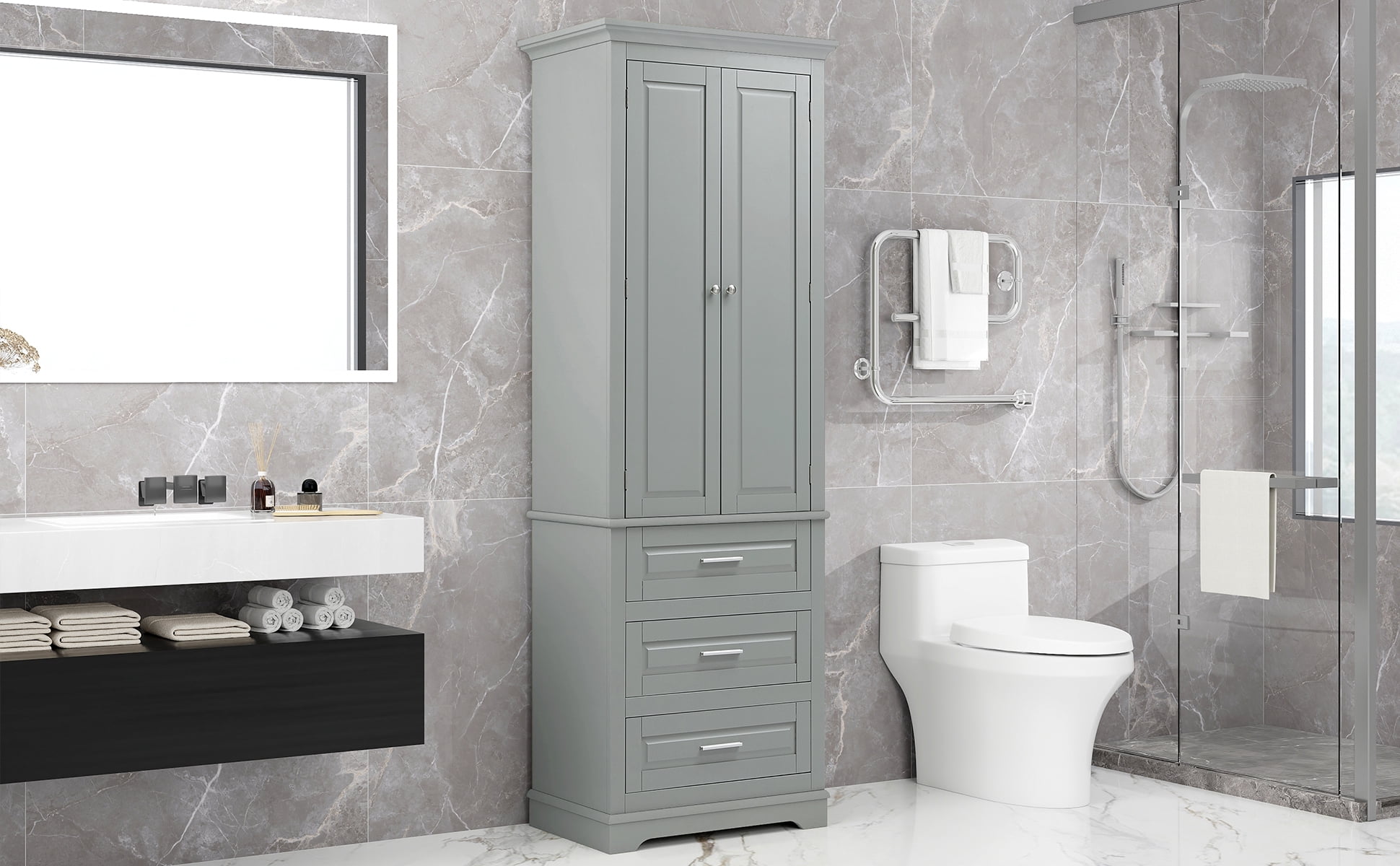 Euroco Tall Storage Cabinet with 3 Drawers and Adjustable Shelves, MDF with Painted Finish, Anti-Tipping Design, Metal Hardware, Multi-Purpose for Bathroom, Kitchen, or Office