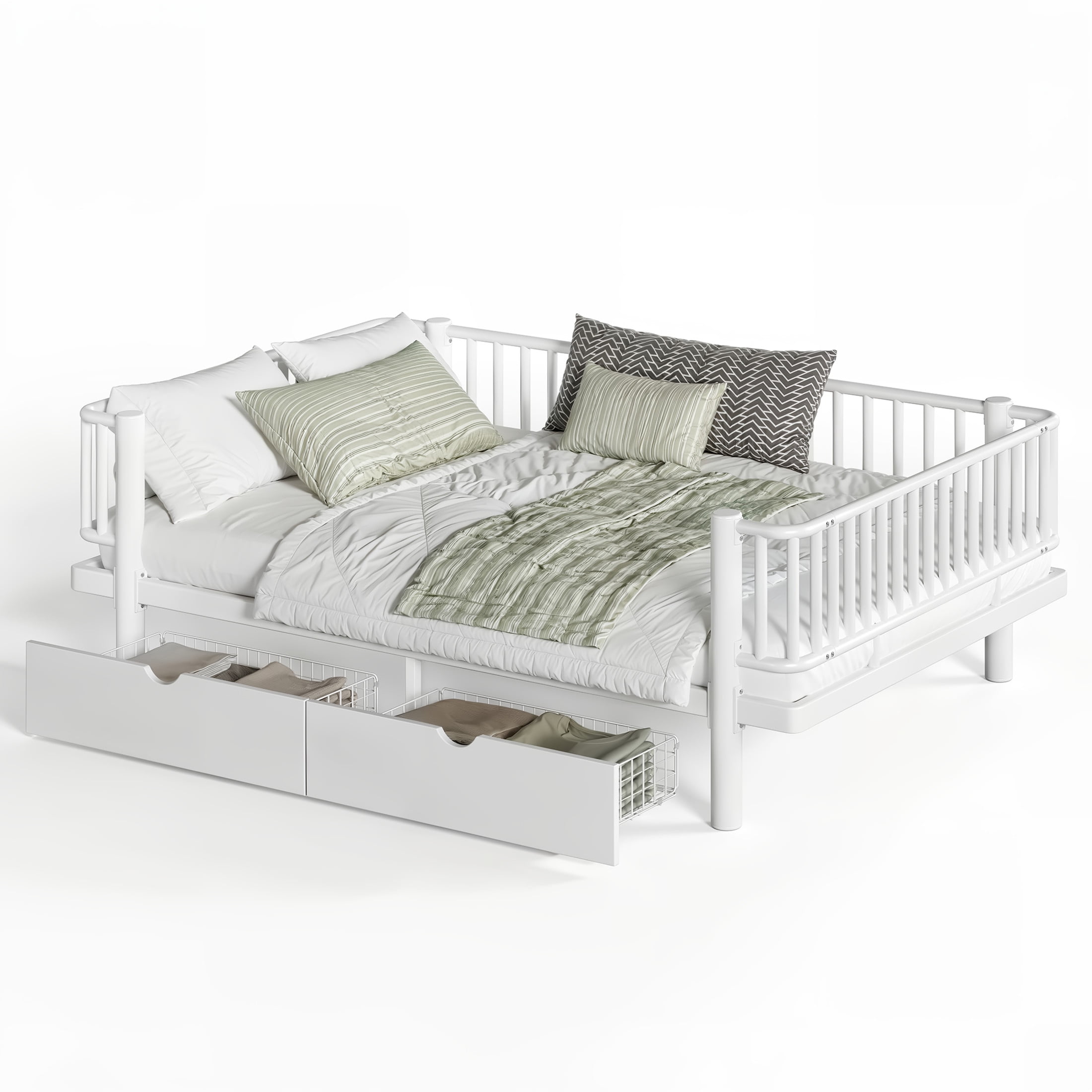 Noble House Full Size Platform Bed with Storage Drawers, Daybed Frame with Round-Pipe Design, White