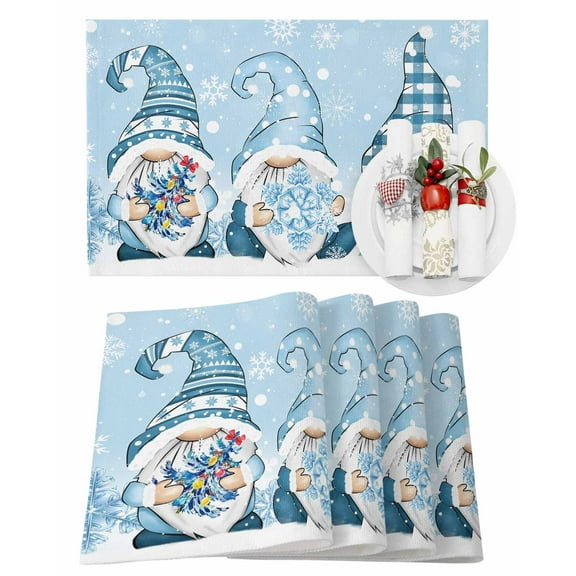 Blue Cute Placemats Set of 1 Christmas Gnome with Gifts Snowflake Xmas Tree Heat Insulation Washable Place Mats, Rustic Non-Slip Table Mats for Dining Table Party Kitchen Decor,13x19 Inch