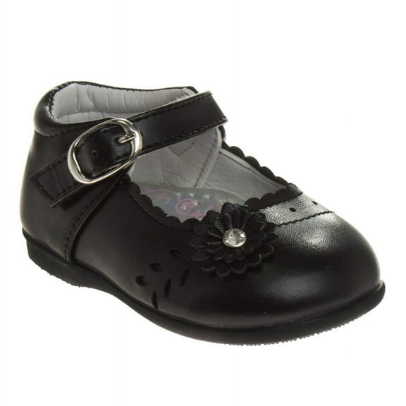 Josmo Toddler Girls Buckle Faux Leather Flat Heel Dress Shoes with Flower Detail - Black, 3