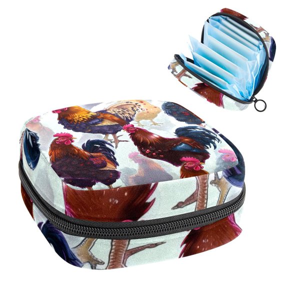 Sanitary Napkin Storage Bag for Girls Women, Portable First Period Pads Bag Tampons Holder Girls Travel Makeup Bag, Large Capacity Seamless Chickens and Roosters