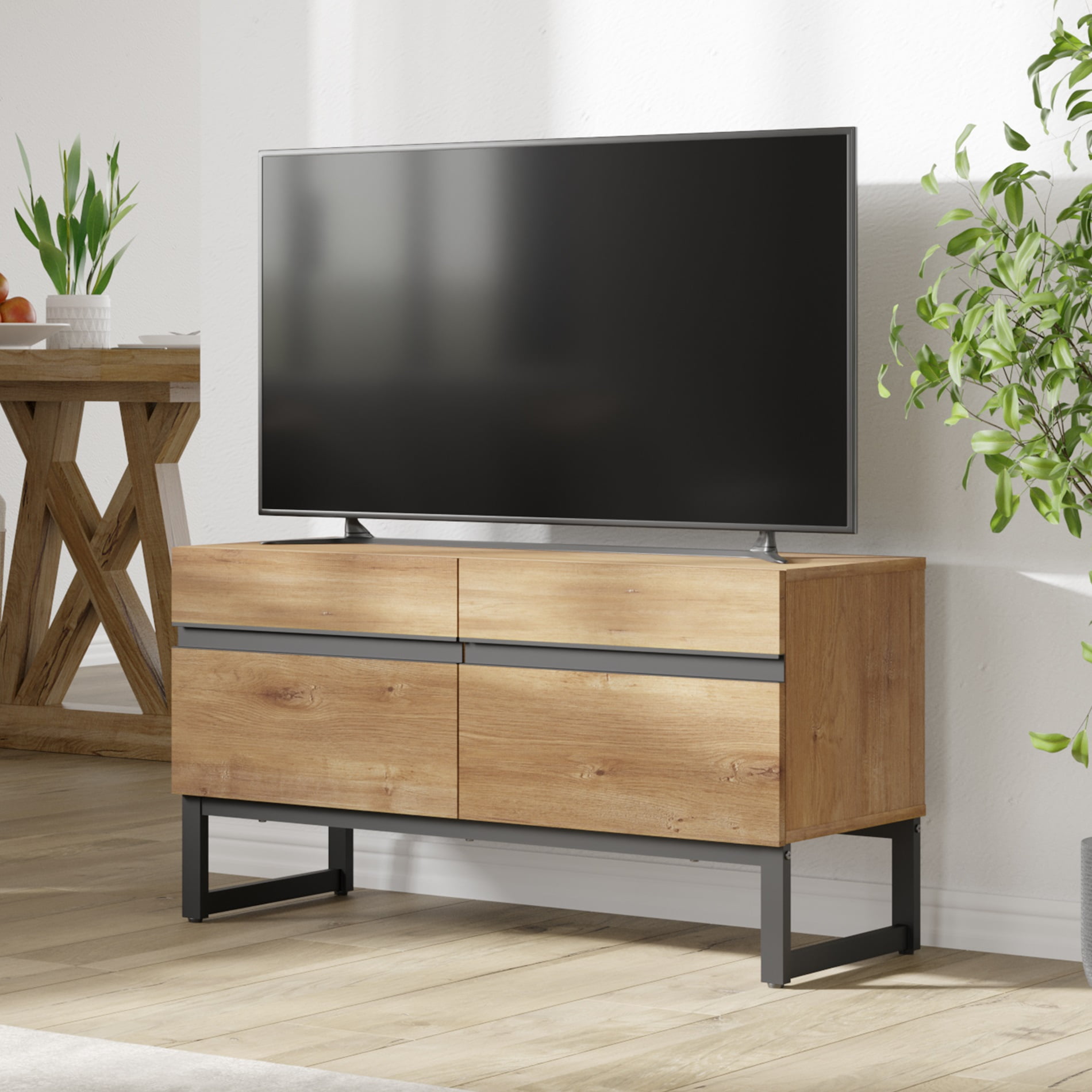 WAMPAT Modern TV Stand, 3-in-1 Entertainment Center with Storage Cabinets & Metal Base, 71" Oak, Fits TVs Up to 70"