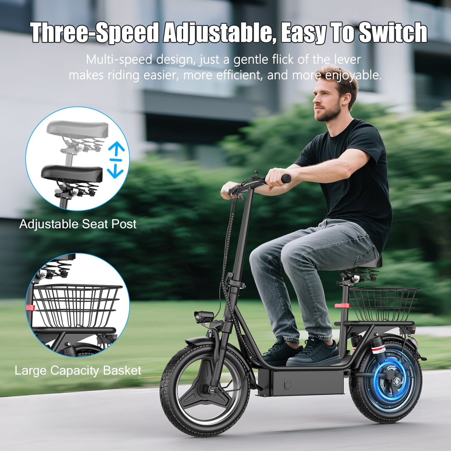1200W Peak Electric Scooter with Basket or Box(Removable), 48V 15AH Peak Motor, Top Speed25 MPH, 25-30Mile, Adult Wide PedalEscooter with Seating Capacity of 365LBS