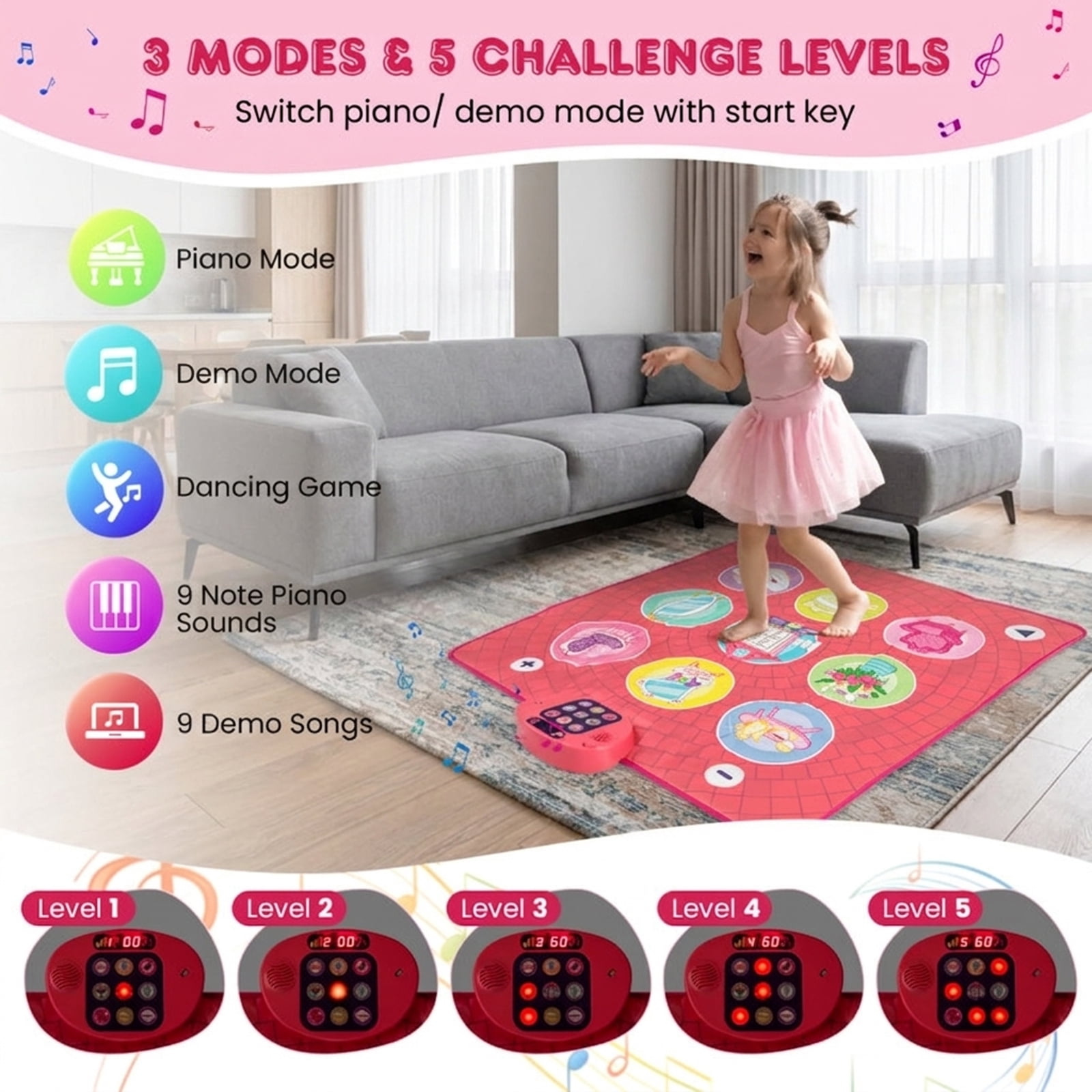Redsmile Kids Musical Dance Mat with 9 Piano Sounds and 9 Demo Songs for Toddlers and Active Play, Pink