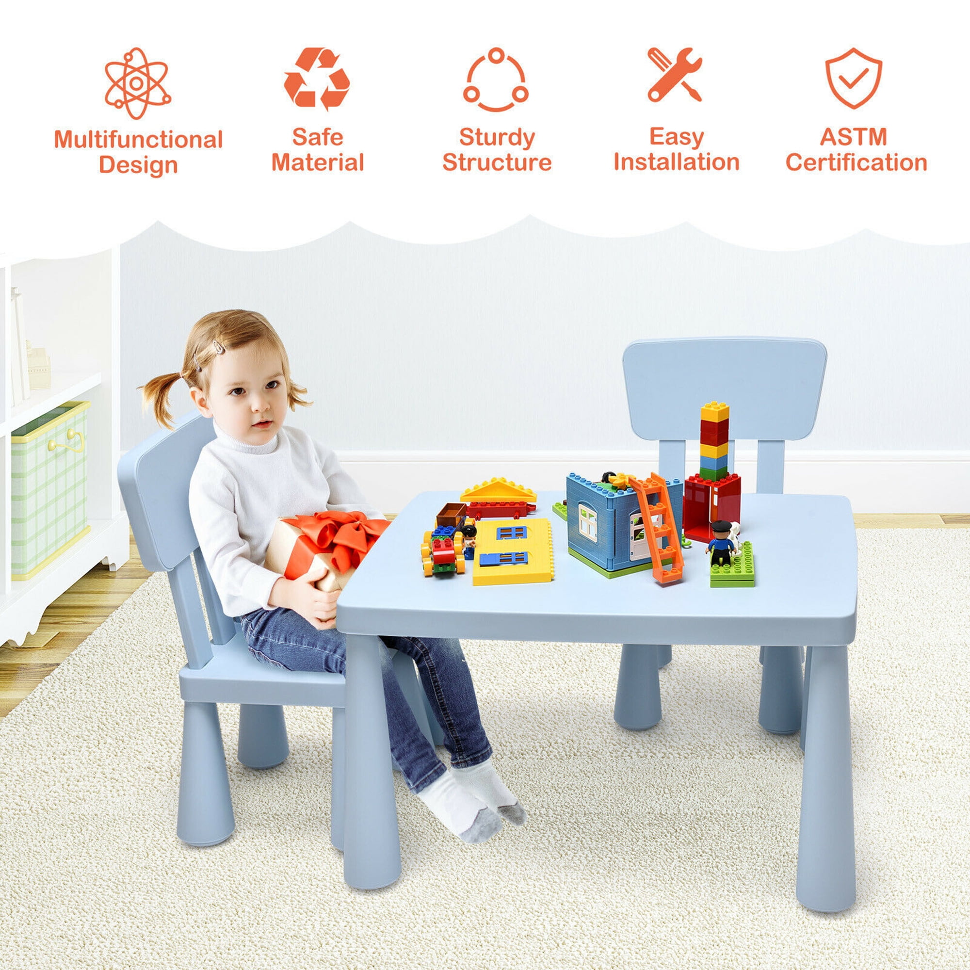 Gymax Kids Table & 2 Chairs Set Toddler Activity Play Dining Study Desk Baby Gift Blue