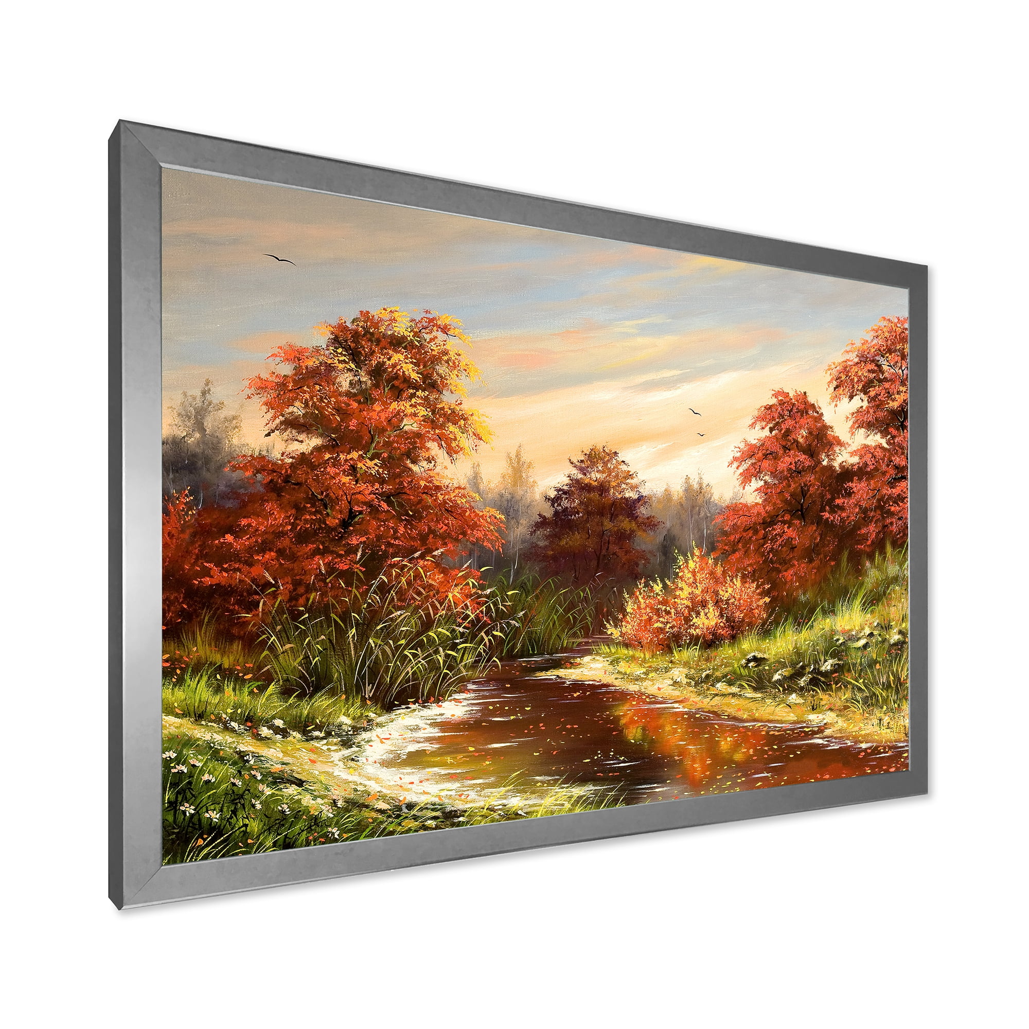 Designart 'The Wood River On A Decline In An Orange Autum Summer' Lake House Framed Art Print