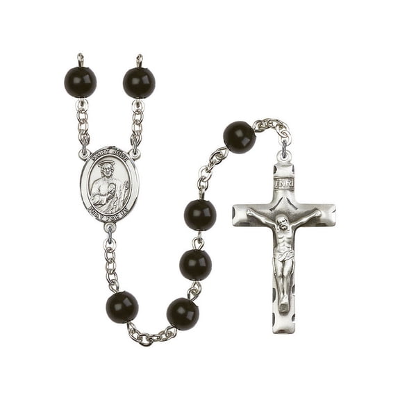 St. Jude Thaddeus Silver-Plated Rosary 7mm Black Onyx Beads Crucifix Size 1 3/4 x 1 medal charm