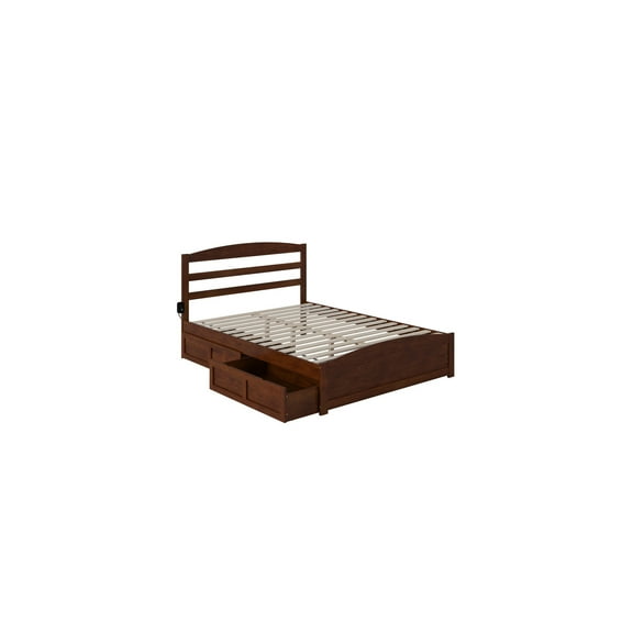Queen Bed with Footboard & Drawers - Walnut Wood Platform Bed with Charging Station & Storage