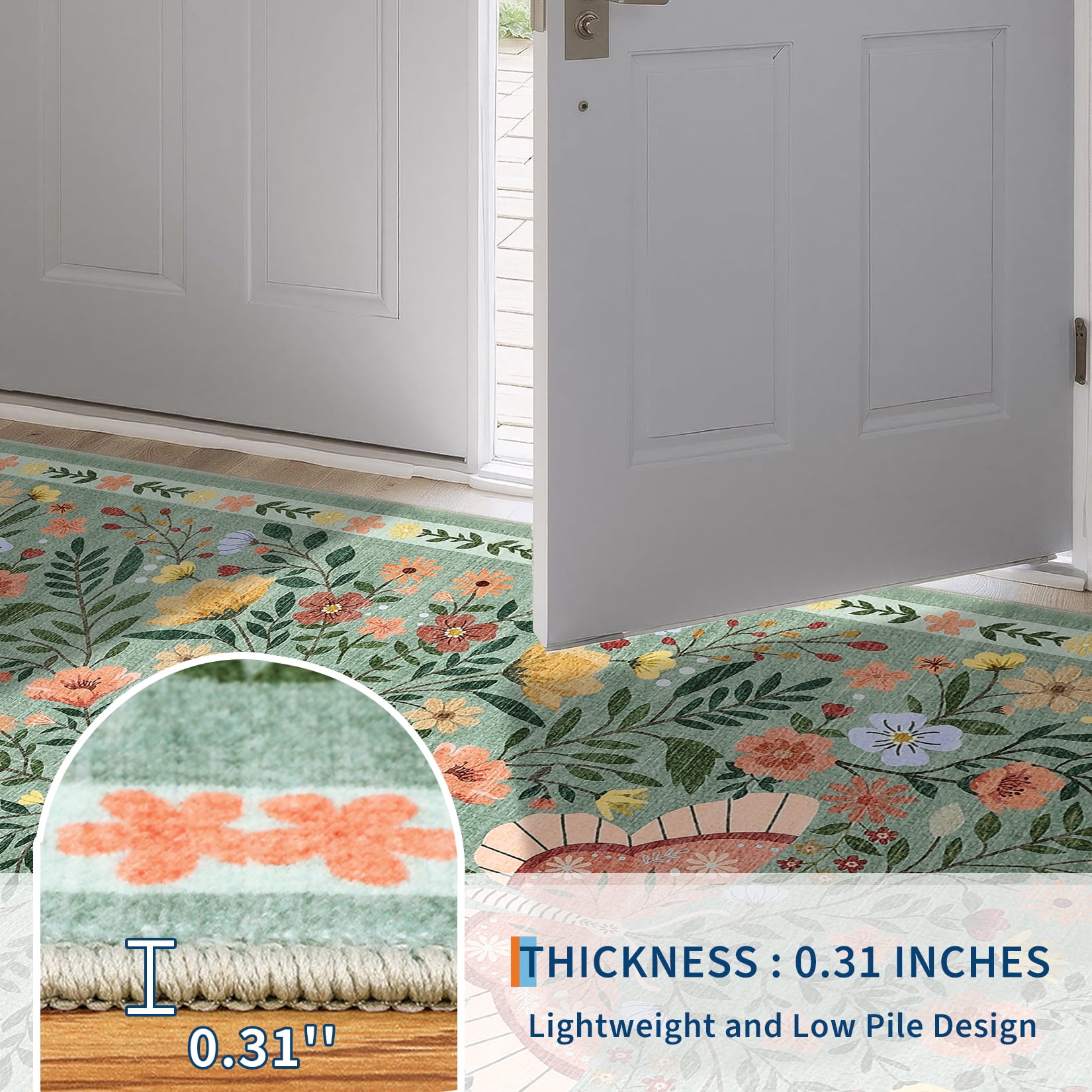 HOMERRY Green Floral Hallway Runner Rug 2x6 Washable Non Slip Throw Carpet
