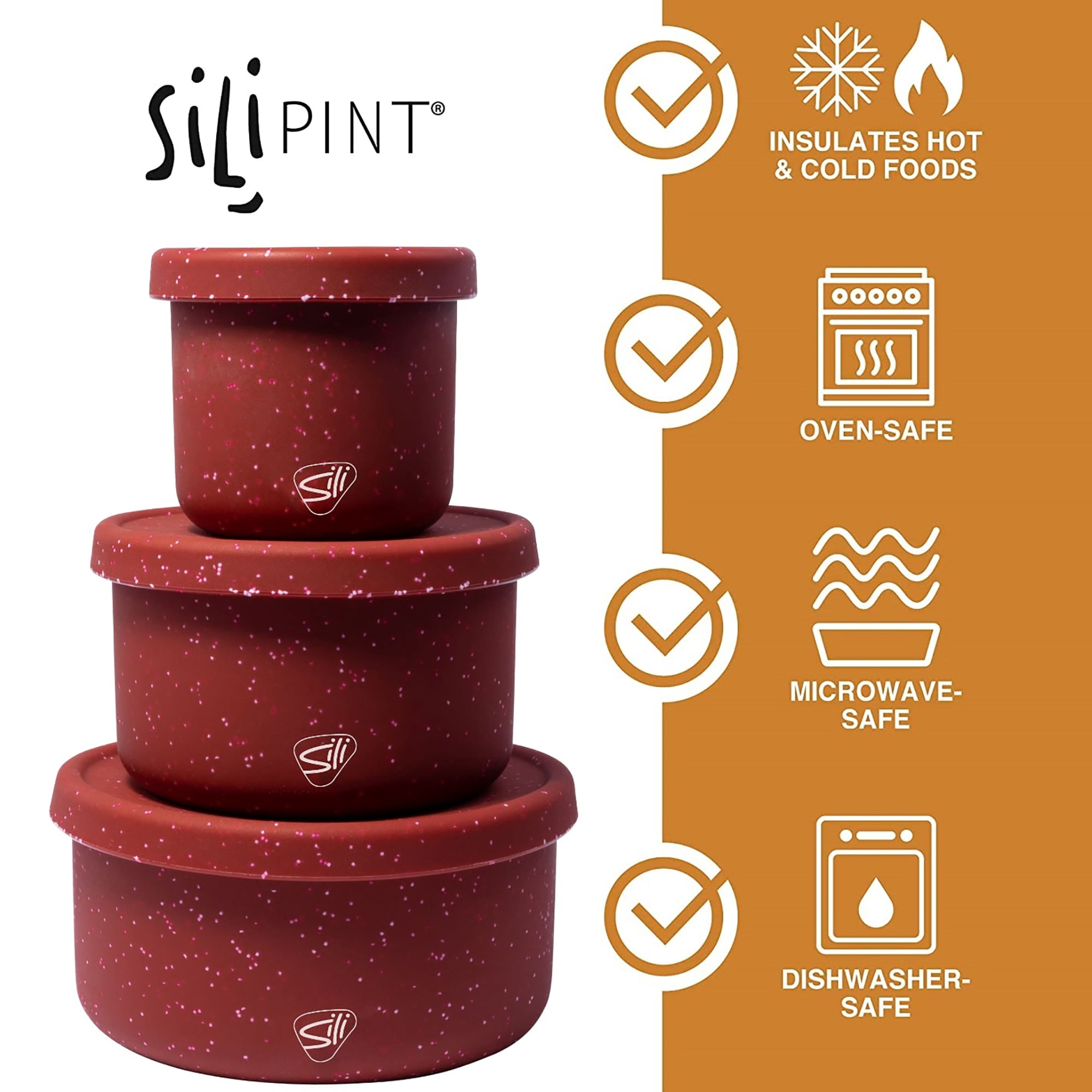 Silipint: Silicone Lidded Bowls: Set of 3: Speckled Red - 10, 20 & 30oz - Flexible, Unbreakable, Easy Storage, Non-Slip