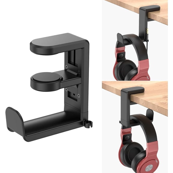 Rotating Headphone Stand – Adjustable Clamp-On Under Desk Hanger with 360° Swivel & Cable Clip | Gaming Headset Holder (Black)