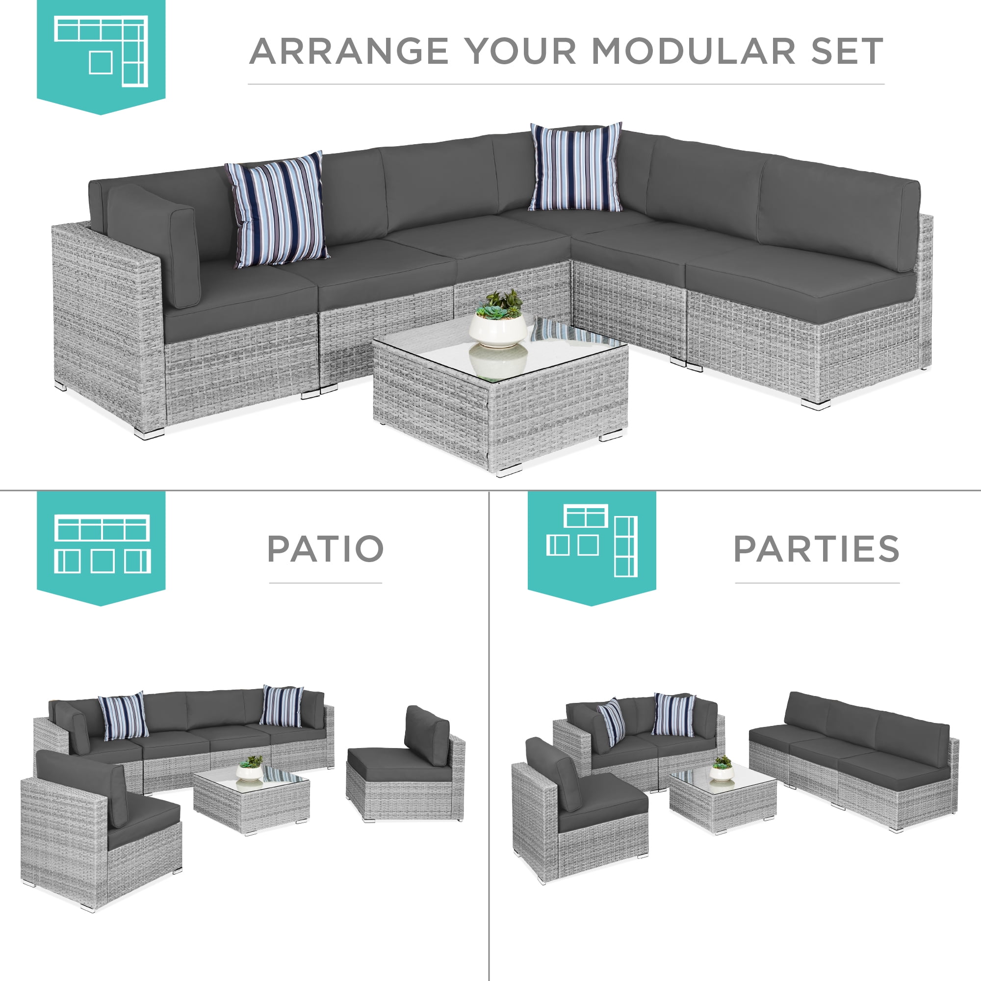 Best Choice Products 7-Piece Outdoor Modular Patio Conversation Furniture, Wicker Sectional Set - Gray/ Gray