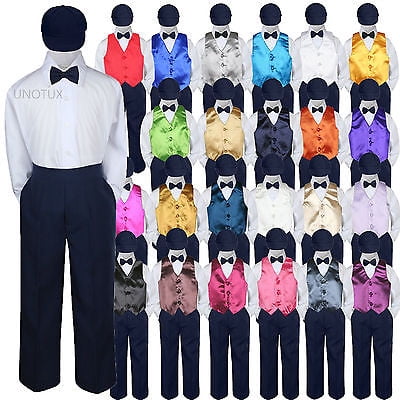 

23 Color Vest Navy Bow Tie Hat Pants Boys Baby Toddler Formal Suits 5pc Set S-7