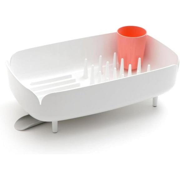Nineware Sleek Dish Drying Rack with Spoon Holder, Compact Dish Drainer, Stylish Countertop Organizer with Drainage Spout for Small Kitchens & Apartments, Made in Korea (Coral)