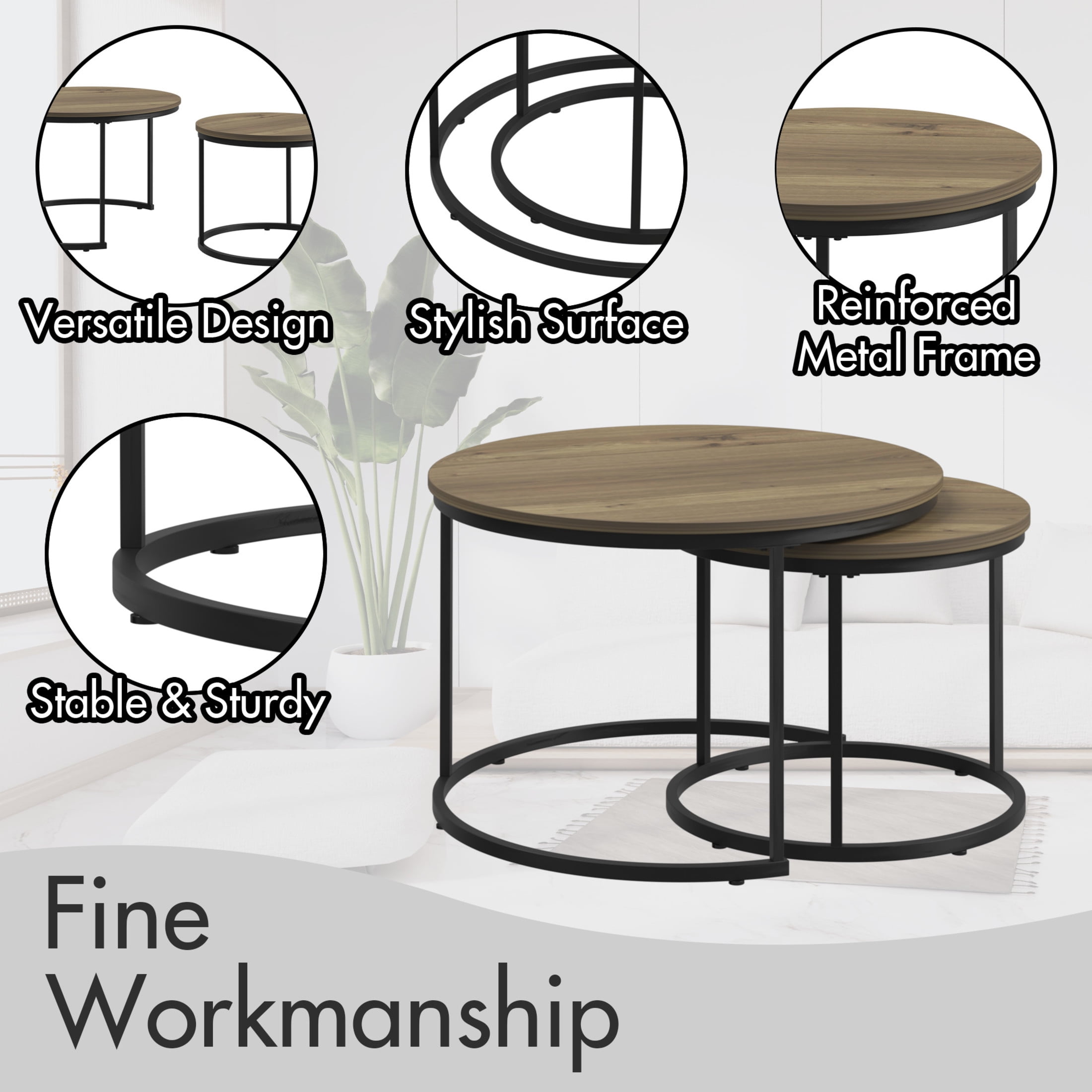 Noble House Lazura 27.6" Grain Look Nesting Coffee Table Set, Round MDF Top with Metal Base, Brown, Set of 2