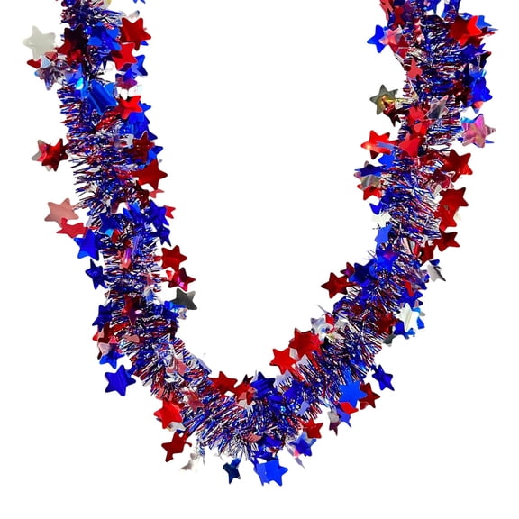 4.92Ft Patriotic Glitter Tinsel Garland Decoration,Red White Blue Star Metallic Tinsel Twist Garland,4th of July Decor Parade Golf Cart Shiny Tinsels for Car Bike Independence Day Memorial Day Decor